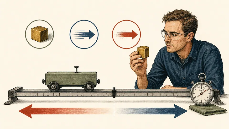 Editorial illustration of a test engineer comparing a moving cart, a mass block, and a signed motion arrow on a laboratory track.