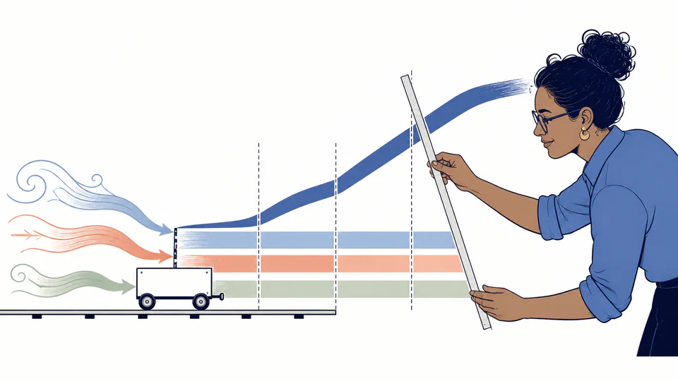 Editorial laboratory scene with a force pulse pressing on a cart while a ribbon of momentum changes slope across three time intervals