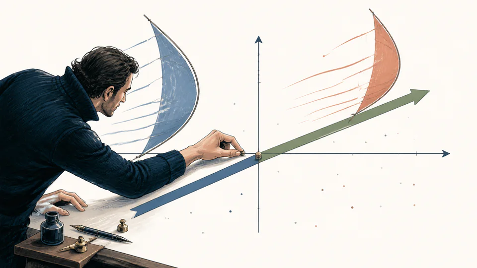 Editorial navigator steering a momentum arrow across a two-axis plane as two different force winds redirect it in sequence