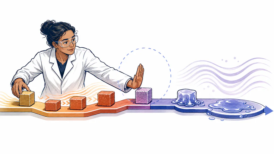 A laboratory technician tracks a block moving along a heating path toward a phase-change threshold, with energy stored before and during the transition.