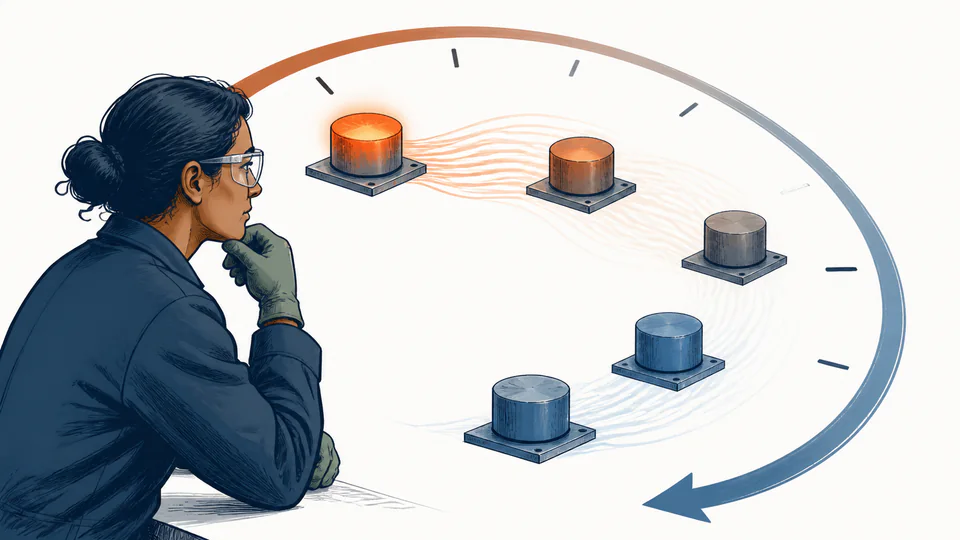 A test engineer watches a heated metal sample gradually approach room temperature while a clock and airflow make the transient process tangible.