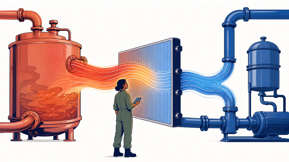 Two technicians monitor a warm vessel and a cool loop joined by a broad heat-transfer surface, with the transfer direction made visually clear.