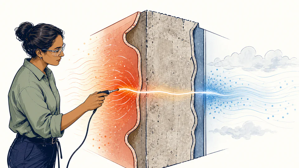 An engineer follows heat across a cutaway wall, with warm and cool air streams separated by a solid layer and visible surface boundaries.