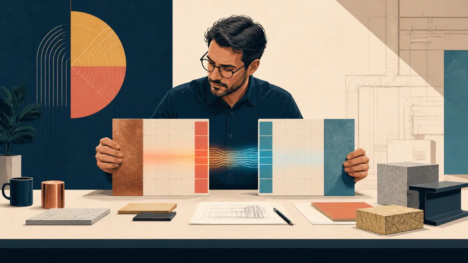 A thermal engineer compares warm and cool material test cards across a visual unit bridge.