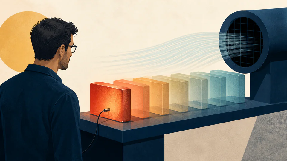 A thermal engineer watches a heated metal block cool through a sequence of warm-to-cool states in moving air.