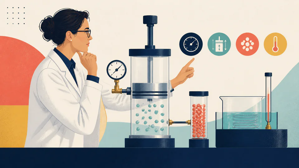 A scientist studies pressure, volume, molecule amount, and temperature around a transparent piston-cylinder apparatus.