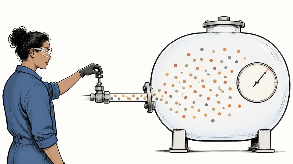 Editorial cutaway of a rigid gas vessel receiving a measured stream while a clock marks the transfer interval