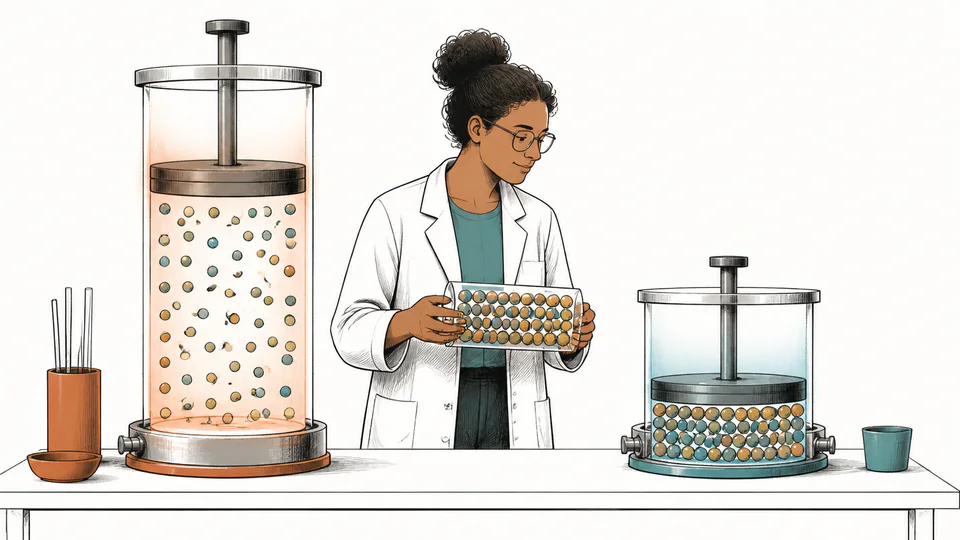 Editorial illustration of the same gas charge occupying two differently sized transparent chambers under distinct thermal and pressure conditions