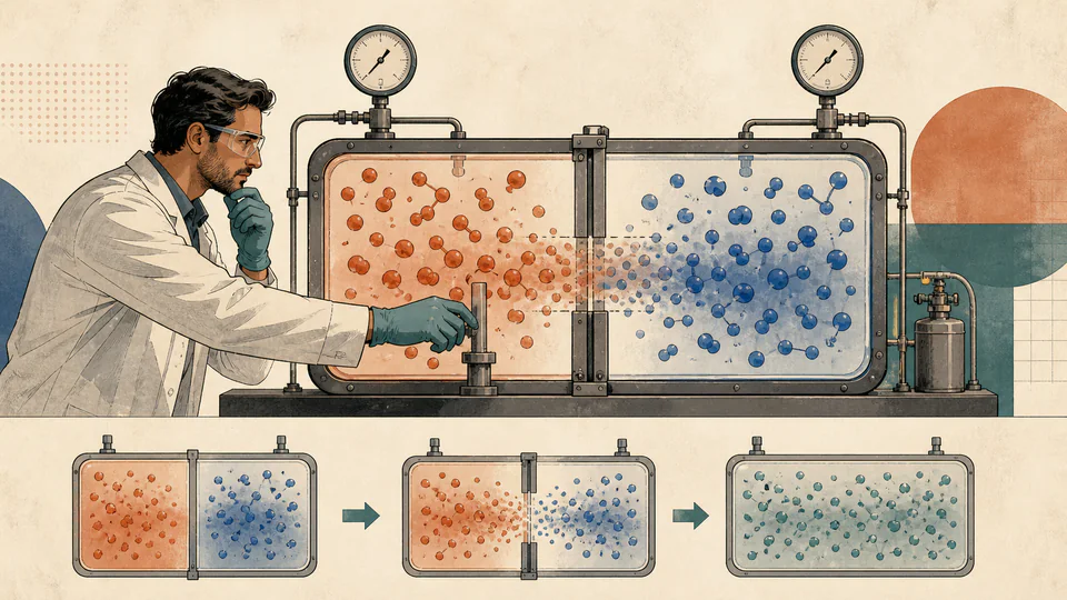 A laboratory engineer opens a partition between two rigid gas chambers while warm and cool molecular clouds merge toward one uniform state.