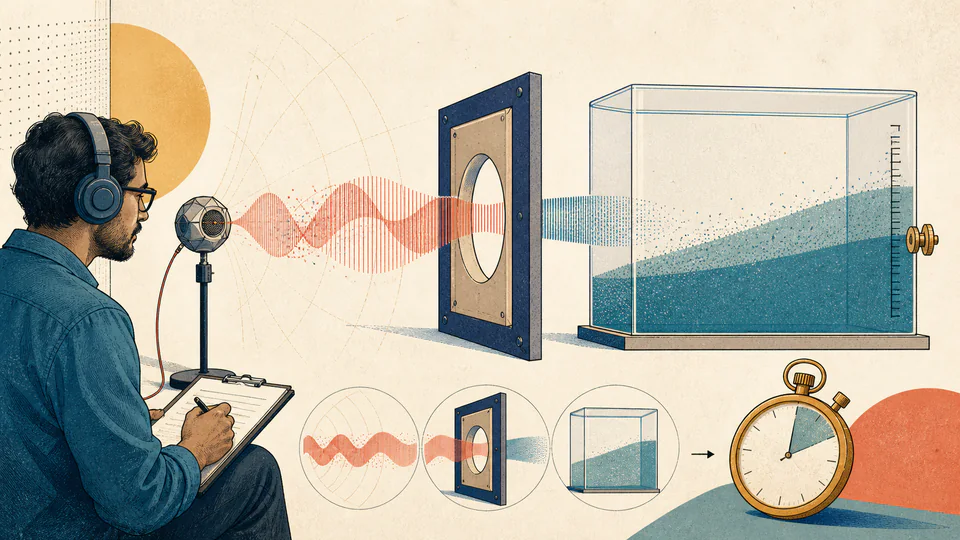 An acoustics engineer follows a pressure wave through a framed aperture as a reservoir records the energy accumulated over time.