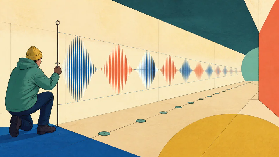 A field researcher freezes a traveling sound ribbon in a long corridor while its amplitude envelope fades with distance.