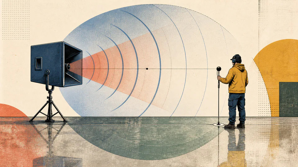 A field technician measures a directional source at a marked radius while expanding sound arcs reveal the effective radiation surface.