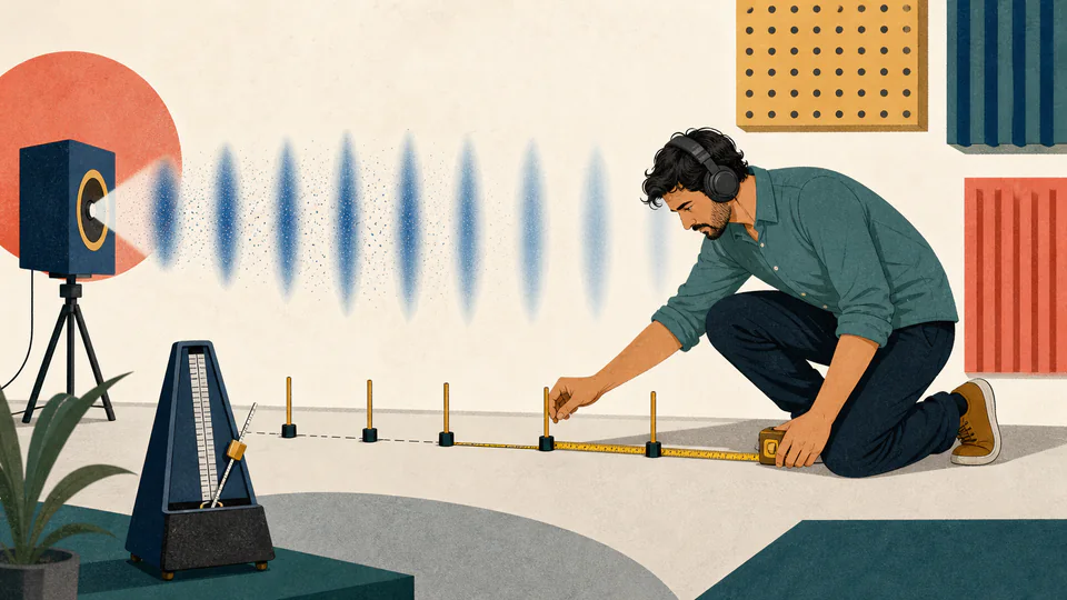 An acoustic technician spaces movable markers between visible compression bands while a tuning source establishes the wave frequency.