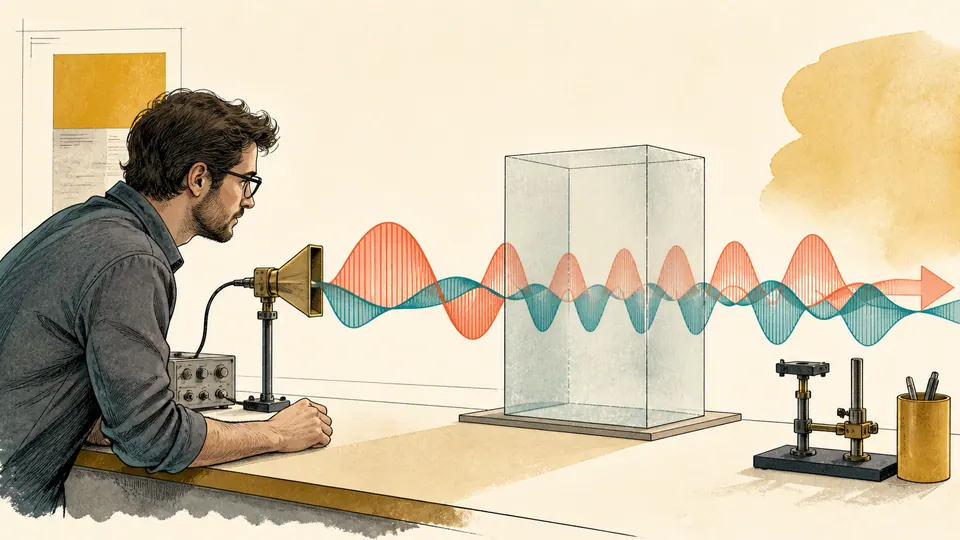 An RF engineer observes orthogonal electric and magnetic field ribbons passing through a dielectric sample on a laboratory bench.