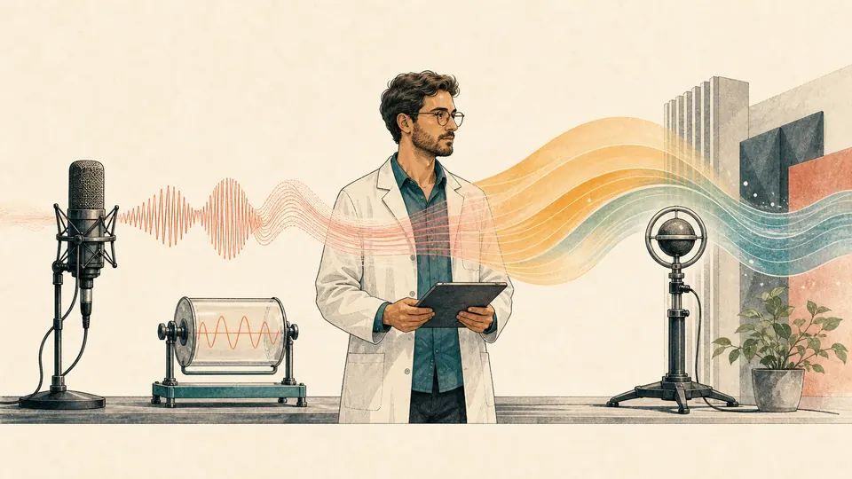 An acoustics technician links a microphone pressure trace, a decibel meter, and an intensity probe in a laboratory.