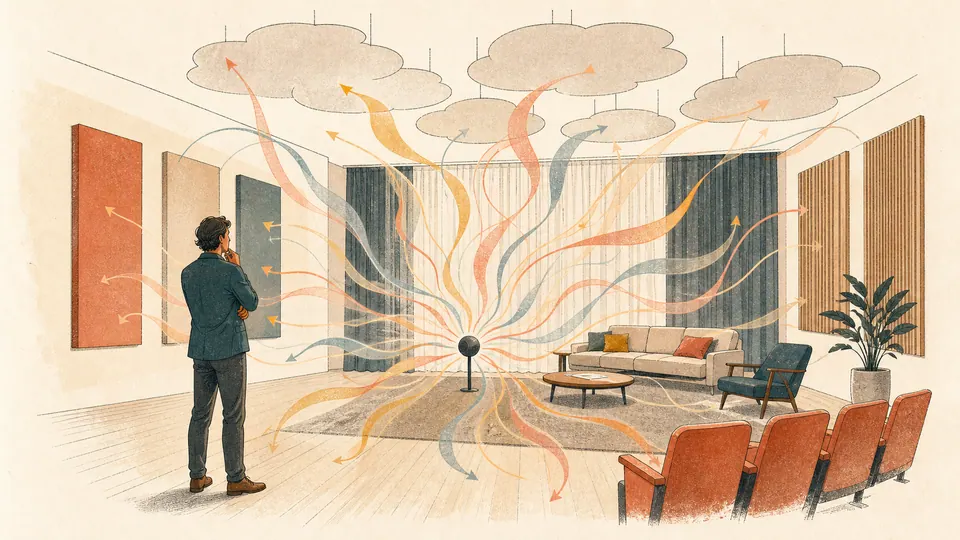 A room-acoustics designer studies sound energy entering a furnished room and being absorbed by ceiling and wall panels.