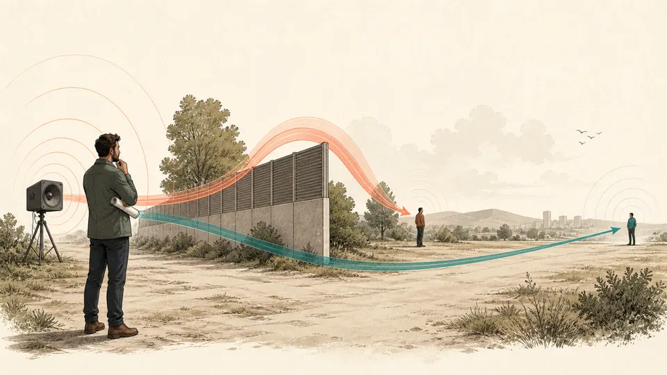 An acoustic consultant compares two outdoor receiver paths, one with a barrier and one at a longer distance.