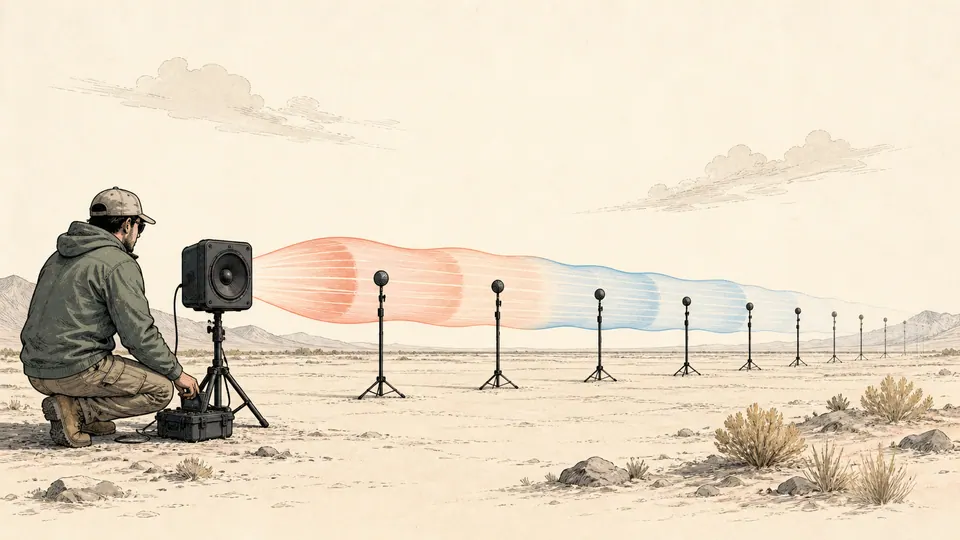 A field engineer times a short sound burst moving from a speaker past a row of synchronized microphones.