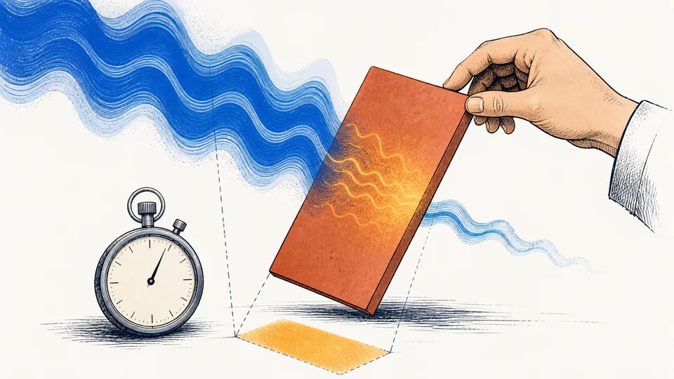 Editorial scene of an electromagnetic beam meeting a tilted material panel while a clock marks a finite exposure