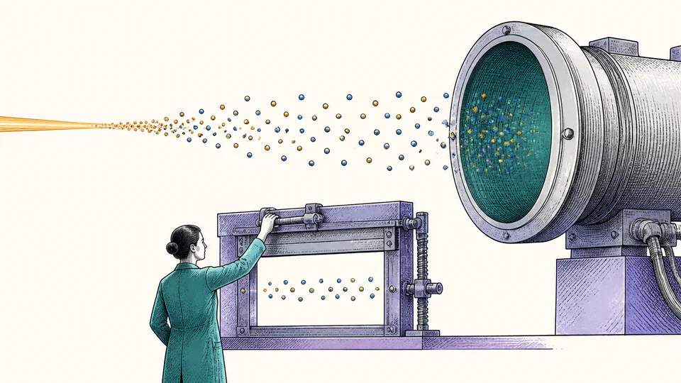 Editorial scene of a light stream entering a gated photon detector with discrete event marks appearing inside a timed window