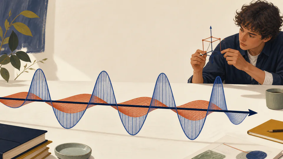 Editorial illustration of perpendicular electric and magnetic field ribbons traveling together through open space