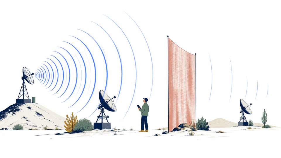 Editorial landscape comparing a short clear radio link with a longer partially obstructed link between antennas