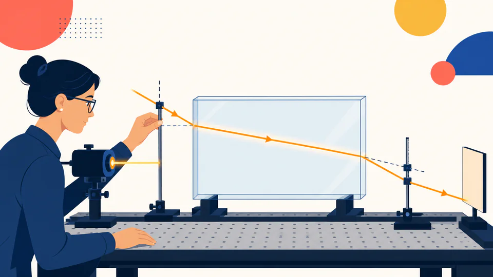 An optics engineer traces a beam through a flat transparent plate while movable markers indicate the shifted outgoing ray.