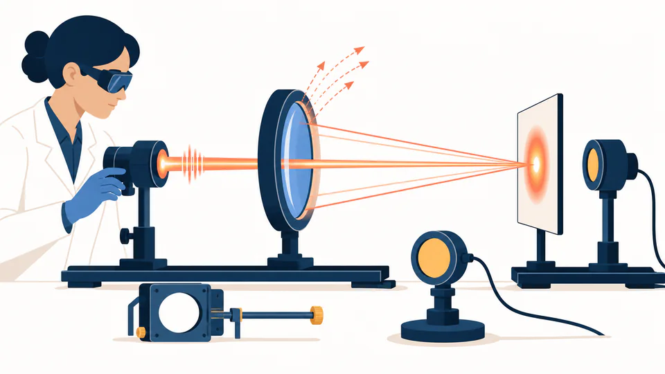 A measured laser pulse passes through a lens into a concentrated focal disk while a scientist checks aperture and energy.