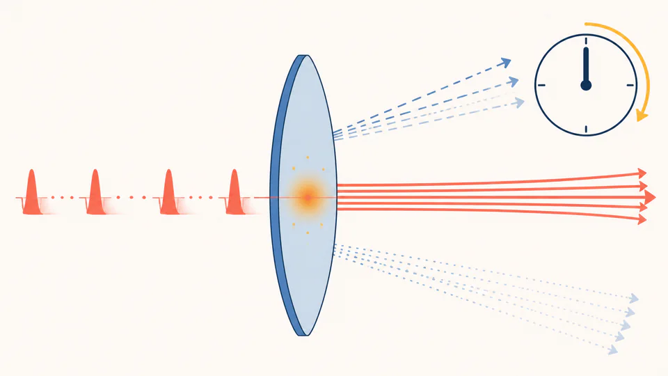 A timed stream of laser pulses enters a lens and separates into transmitted light, a small absorbed thermal glow, and residual reflected light.