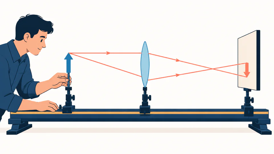 An optical bench technician positions an object, thin lens, and screen while tracing two principal rays to an inverted image.