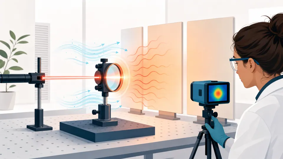 A laser lens in a mount releases absorbed heat into moving air and surrounding surfaces while a technician monitors temperature.