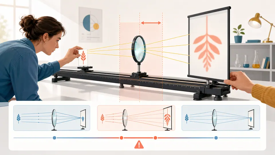 An optics student moves an object along a bench while a projected image rapidly shifts near the focal position.
