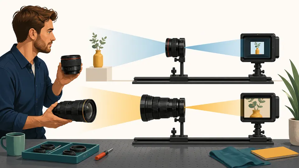 A camera technician compares two lenses projecting differently sized images onto the same sensor frame.