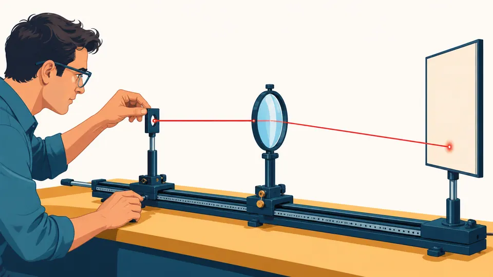 An optical engineer aligns a single narrow ray through a lens aperture toward a marked observation screen.