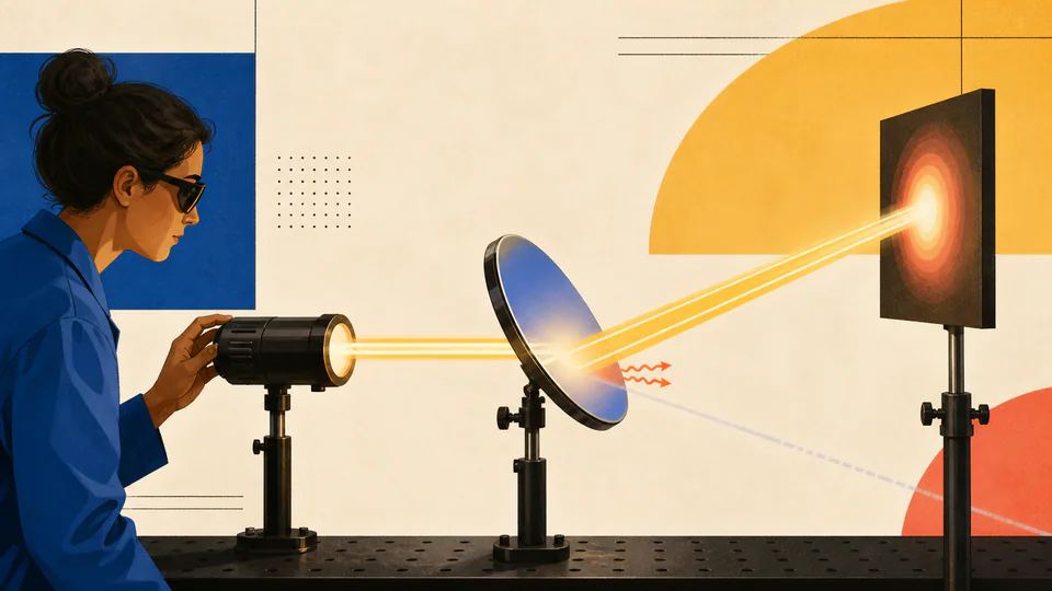 Editorial optical bench where a beam reaches a tilted mirror, reflects strongly, warms the coating, and leaves a faint residual path
