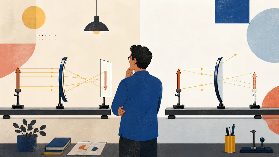 Editorial split optical lab comparing a concave mirror with a real inverted screen image and a convex mirror with a smaller upright virtual image