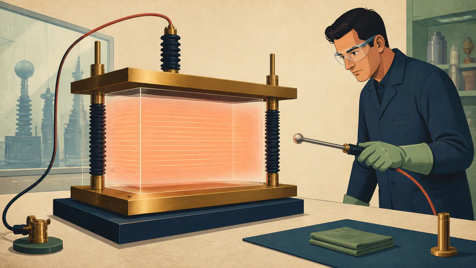 An electrical engineer examines a dielectric block between charged plates, with the confined field region shown as a dense luminous layer.