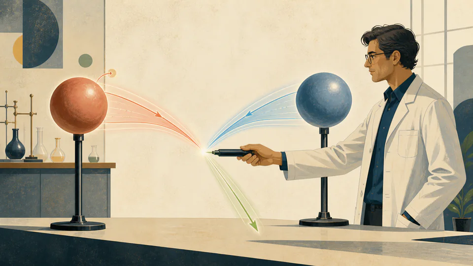 A physicist positions a field probe between two oppositely charged spheres while two directional contributions combine at the probe.