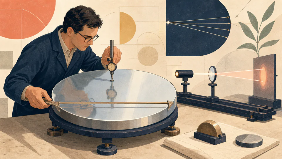 An optical fabrication specialist compares a polished spherical mirror blank with a radius gauge, aperture calipers, and a focal bench.