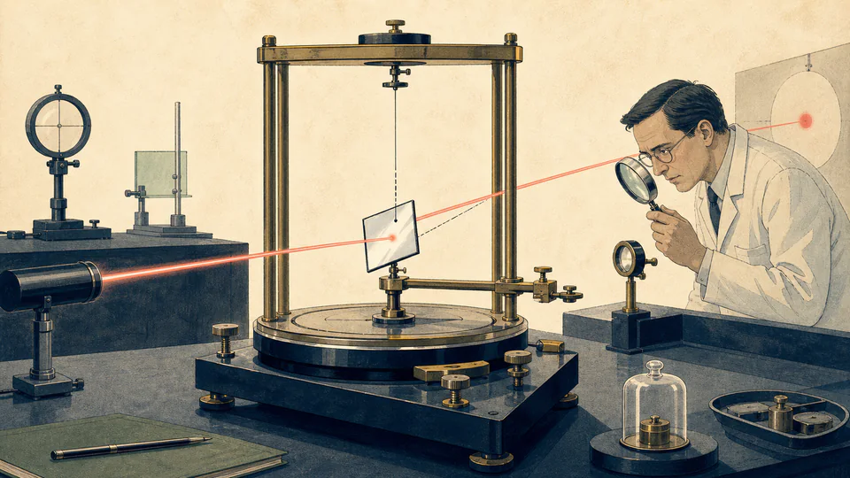 A laboratory scientist watches a laser strike an off-centre suspended mirror while a fine torsion fibre balances the tiny radiation torque.