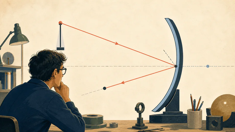 An optical engineer traces a single ray from an elevated object to a curved mirror, marking the surface normal and reflected path.