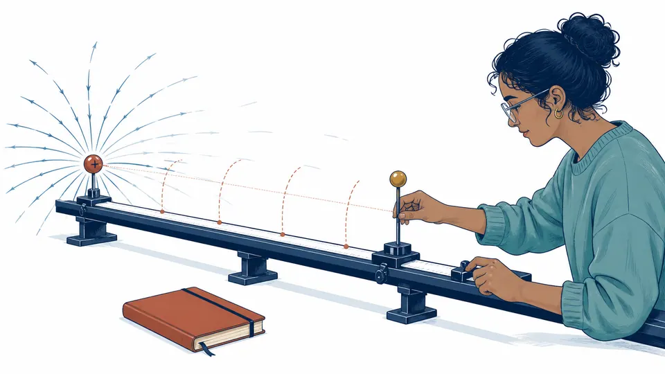 A student moves a small field probe along marked radii away from a charged sphere while recording a sequence of weakening measurements.