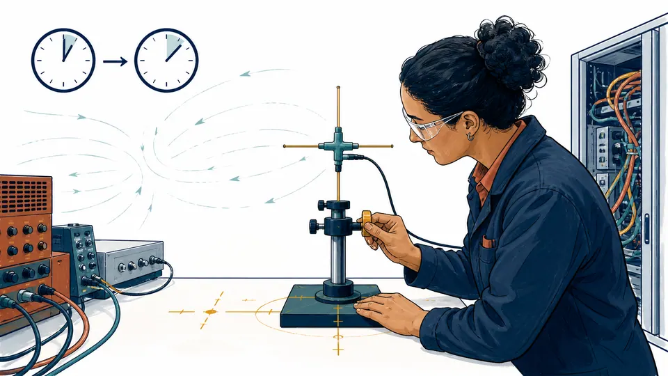 A laboratory technician compares two time-stamped electric-field probe readings at the same marked location while environmental equipment changes nearby.