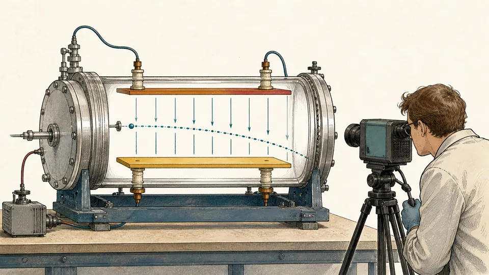 A laboratory researcher releases a tiny charged bead between parallel field plates while a high-speed camera records its curved two-dimensional path.