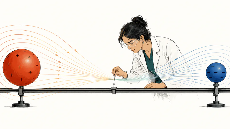 Editorial laboratory scene with two charged spheres and a quiet balance point between their opposing electric influence