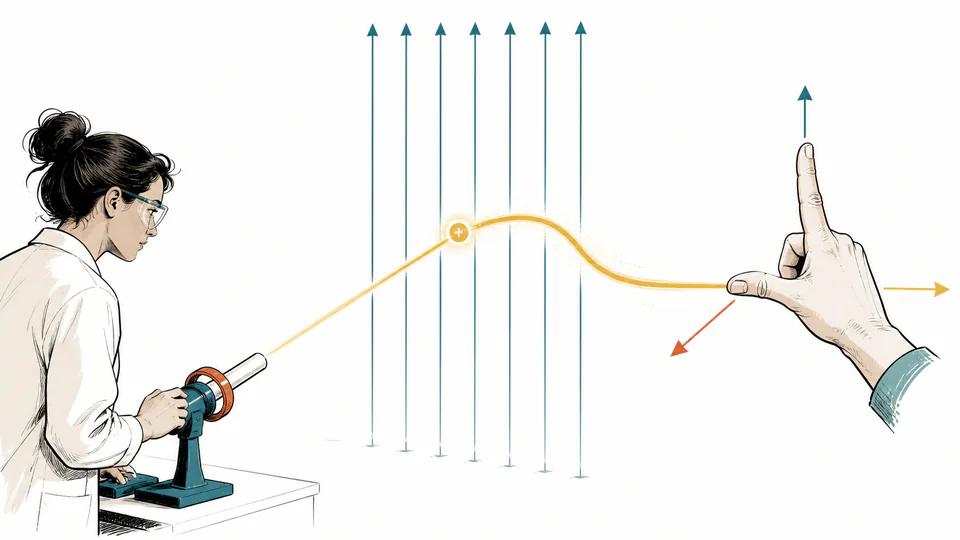 Editorial charged-particle experiment with perpendicular velocity, magnetic field, and force directions arranged in a right-handed frame
