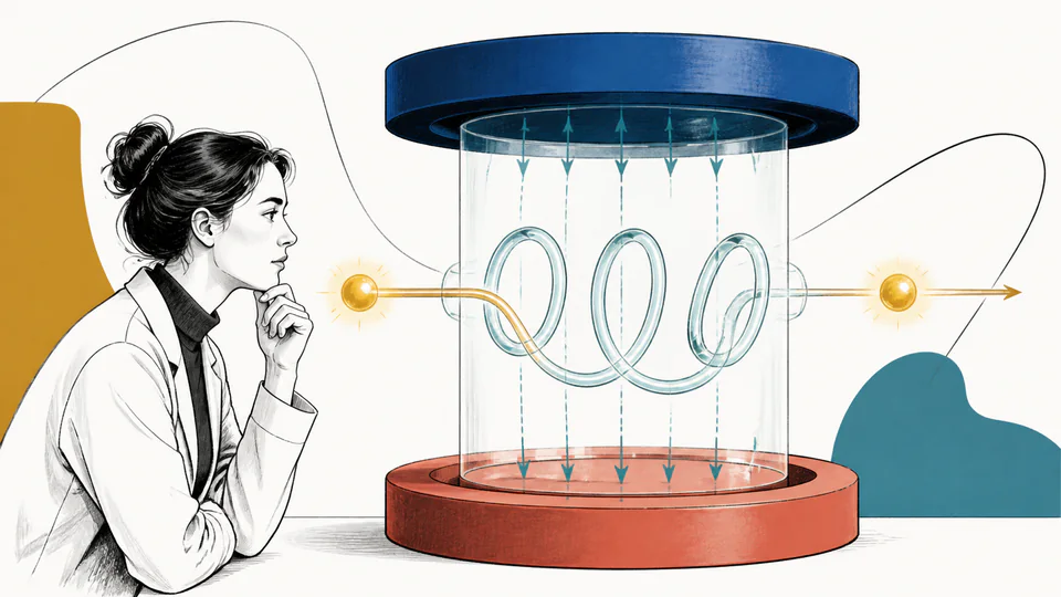 Editorial charged particle following a helix through a magnetic field while its parallel and perpendicular motion remain visibly distinct
