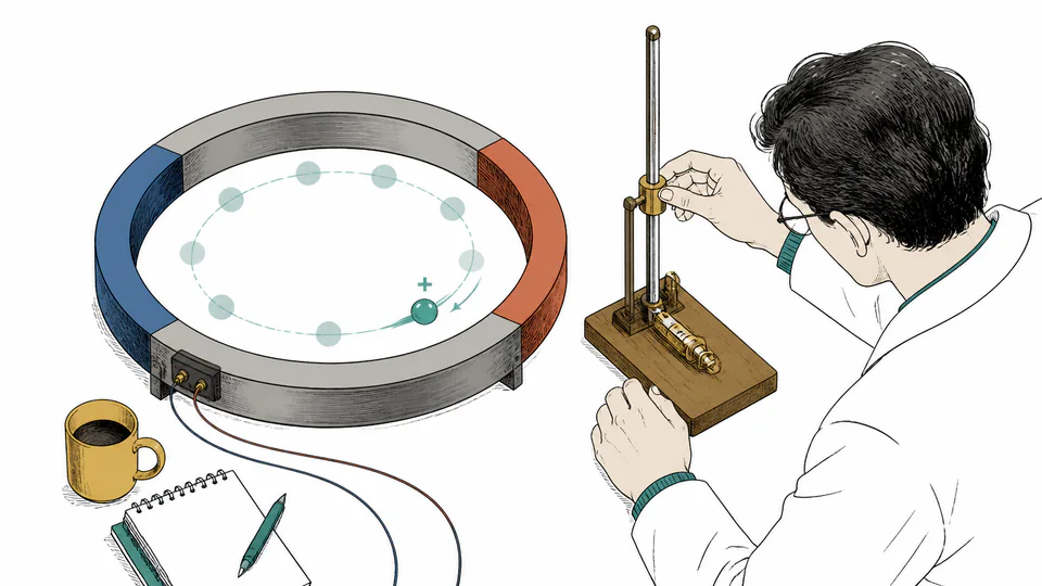 Editorial laboratory timing scene where a charged particle repeats circular motion beside a precise observation clock