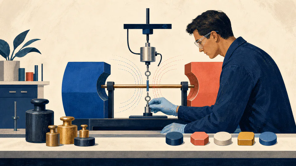 A laboratory technician reconciles a load-cell force reading, a unit reference sheet, and a straight wire between magnet poles.