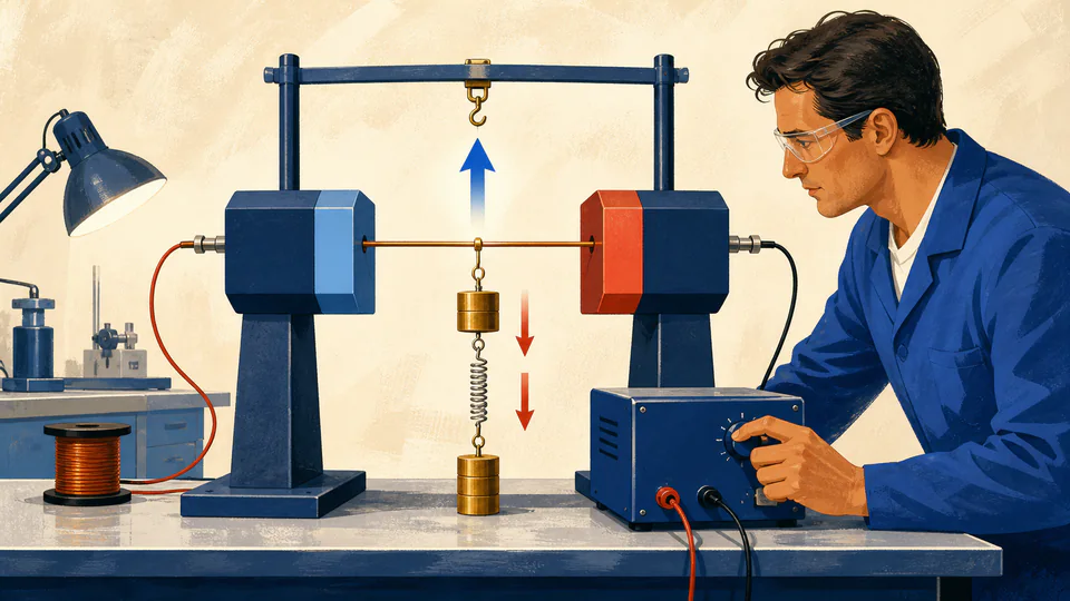A suspended straight conductor between magnet poles lifts a small calibrated weight while a technician observes the balance.